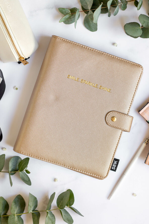 Ring binder from premium faux leather A5 - Happy Calendar planner 2025 (beige)